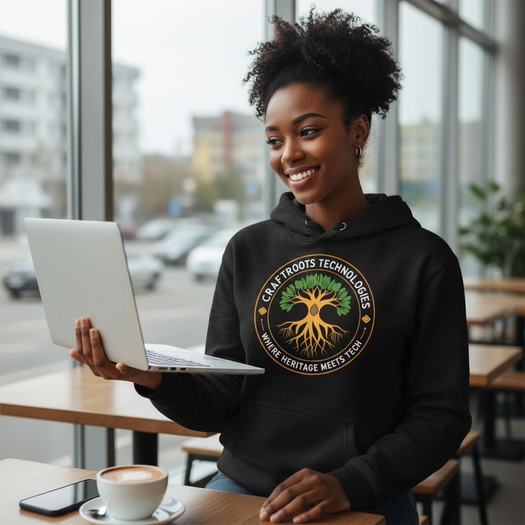 Young African woman using a laptop wearing Craftroots Technologies hoodie